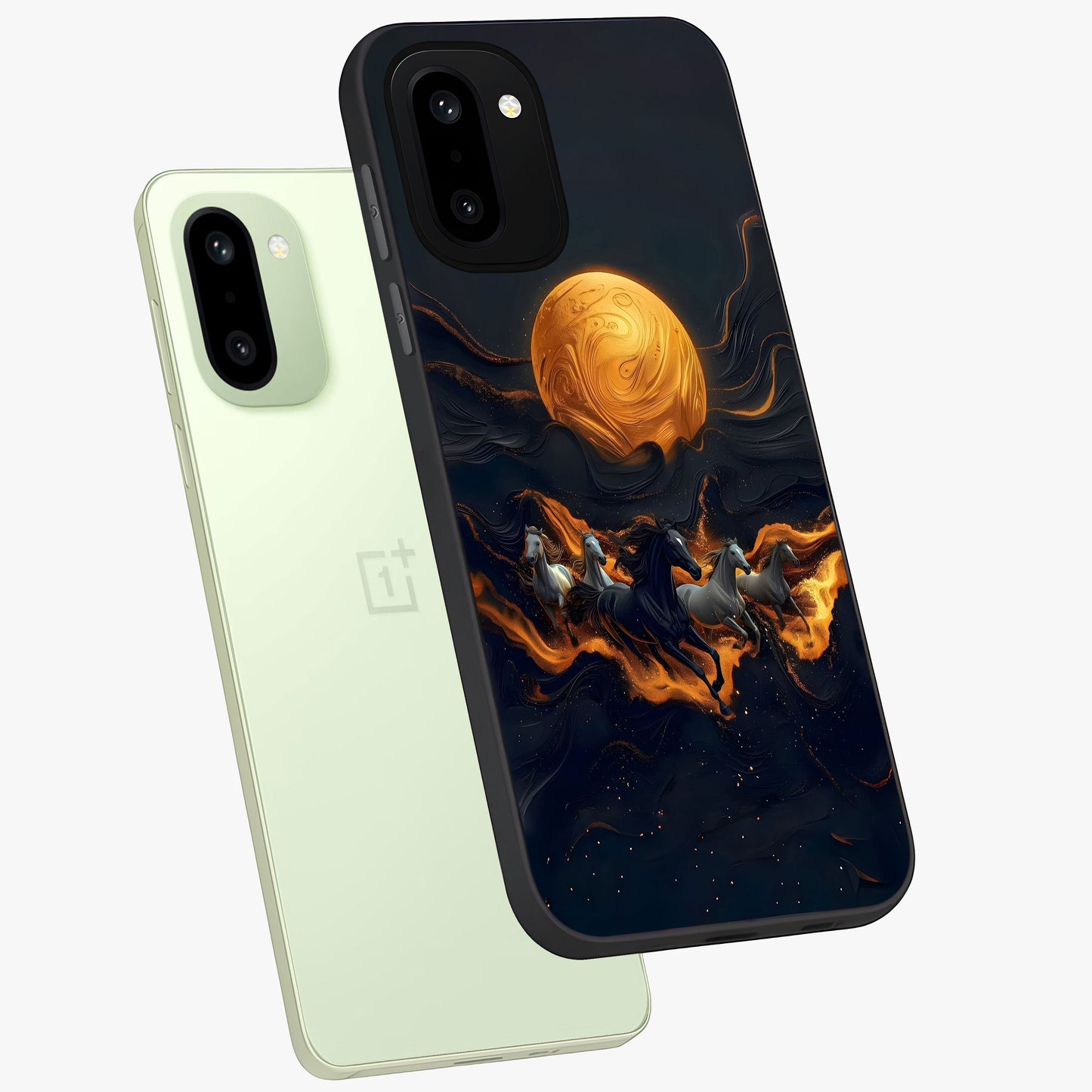 Golden Sun Majesty Glass Case for 1+15R angled mockup showcasing glossy finish and warm celestial gradients
