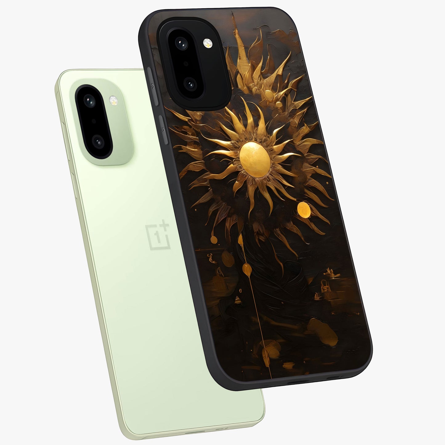 Golden Sun Minimalism Glass Case for 1+15R angled mockup showcasing glossy finish and subtle warm tones