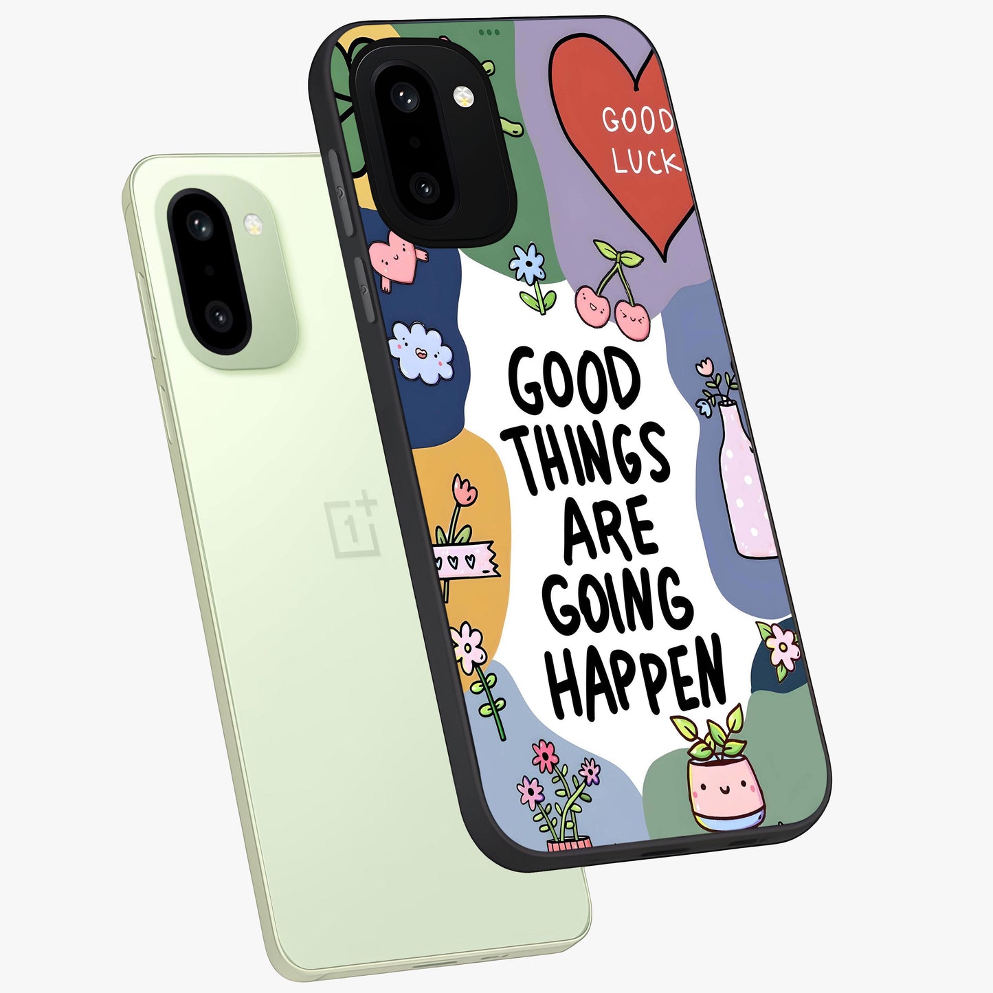 Good Thing Quote Glass Case for 1+15R angled mockup showcasing glossy finish and clean modern design