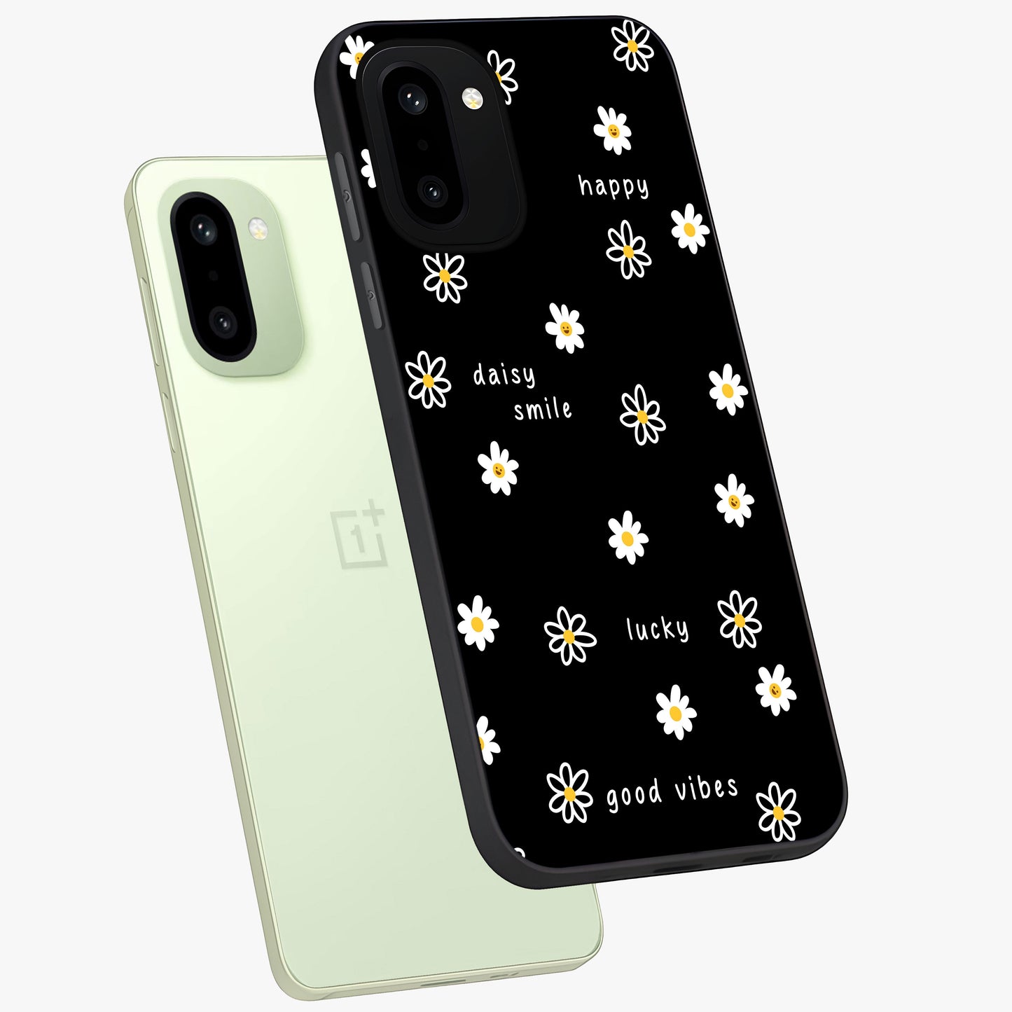 Good Vibes Daisy Black Pattern Glass Case for 1+15R angled mockup showcasing glossy finish and bold floral contrast