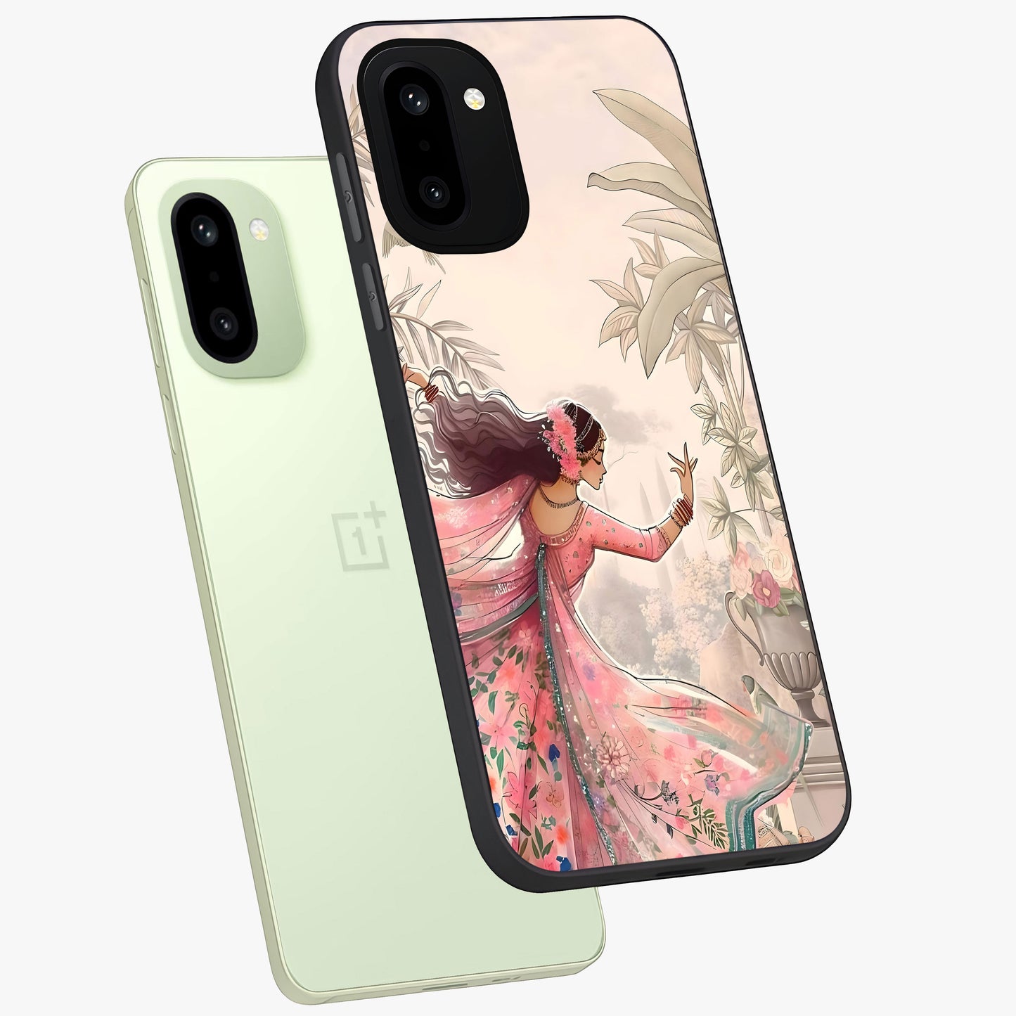 Graceful Garden Rhythm Glass Case for 1+15R angled mockup showcasing glossy glass finish and soft bloom detailing