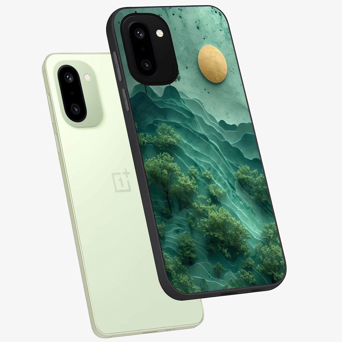 Green Hills With Sun Glass Case for 1+15R angled mockup showcasing glossy finish and natural gradient tones