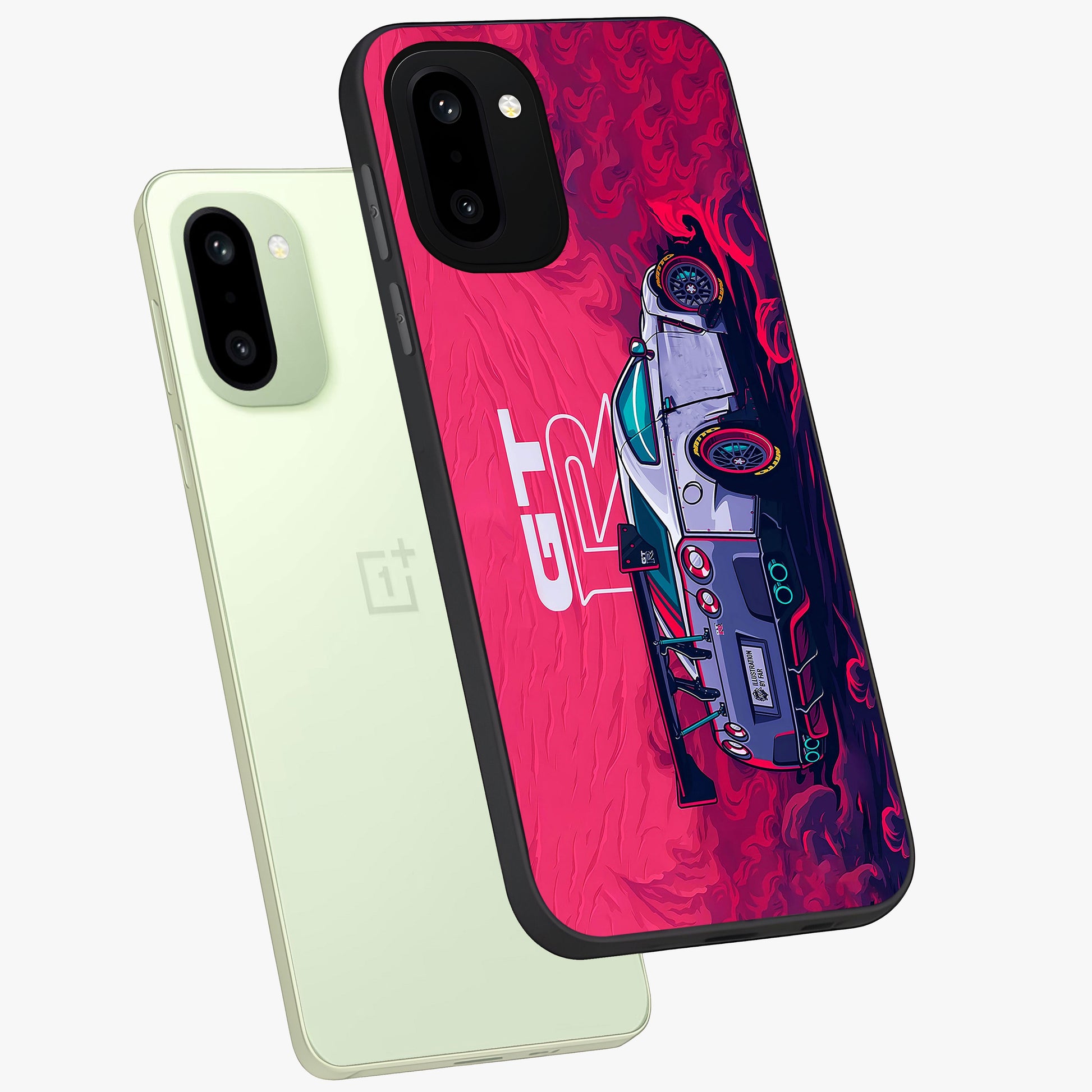Gt R Car Pattern Glass Case for 1+15R angled mockup showcasing glossy finish and sporty detailing