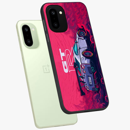 Gt R Car Pattern Glass Case for 1+15R angled mockup showcasing glossy finish and sporty detailing