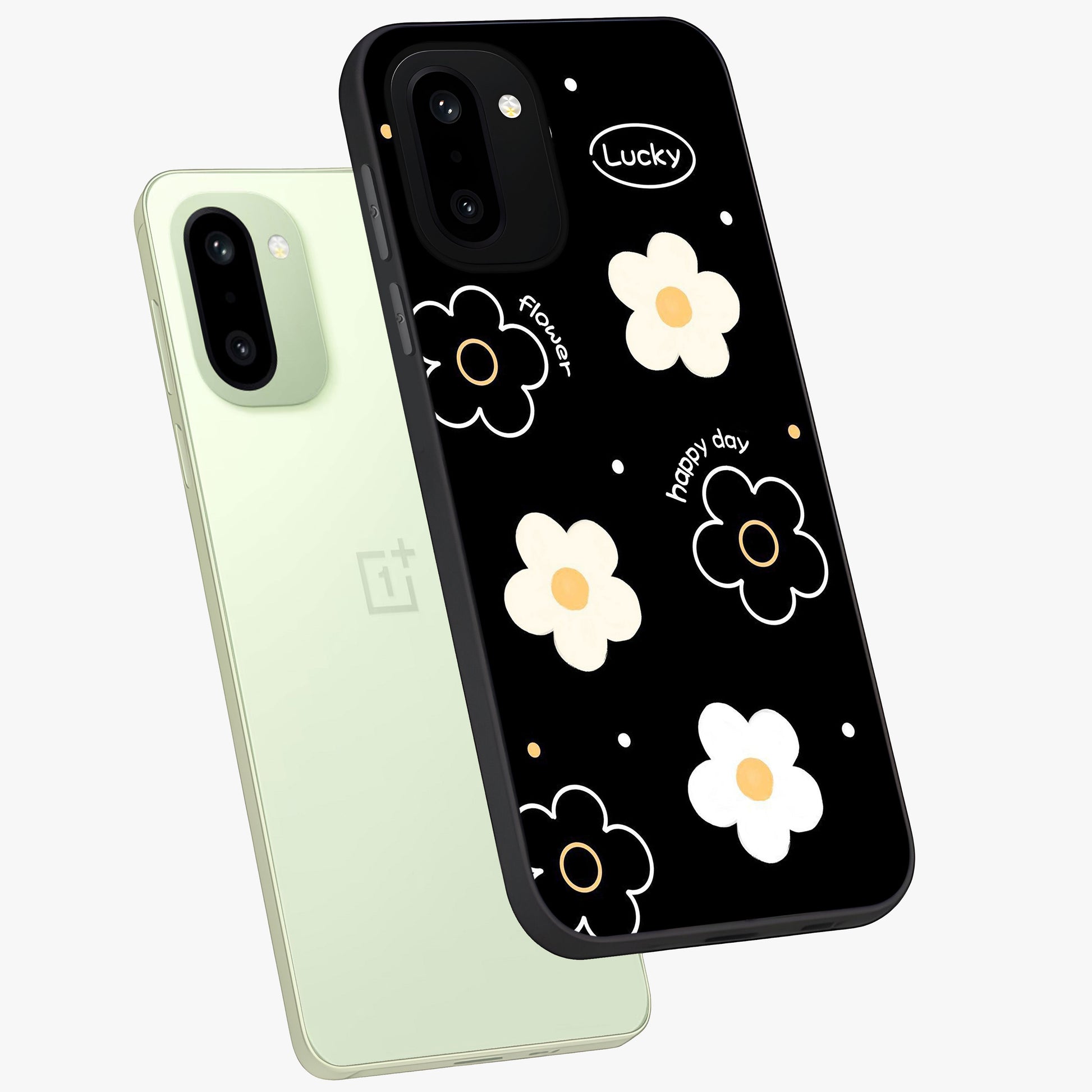 Happy Day Daisy Glass Case for 1+15R angled mockup showcasing glossy finish and vibrant bloom tones