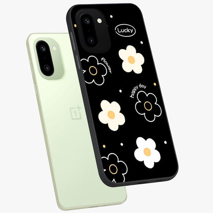 Happy Day Daisy Glass Case for 1+15R angled mockup showcasing glossy finish and vibrant bloom tones