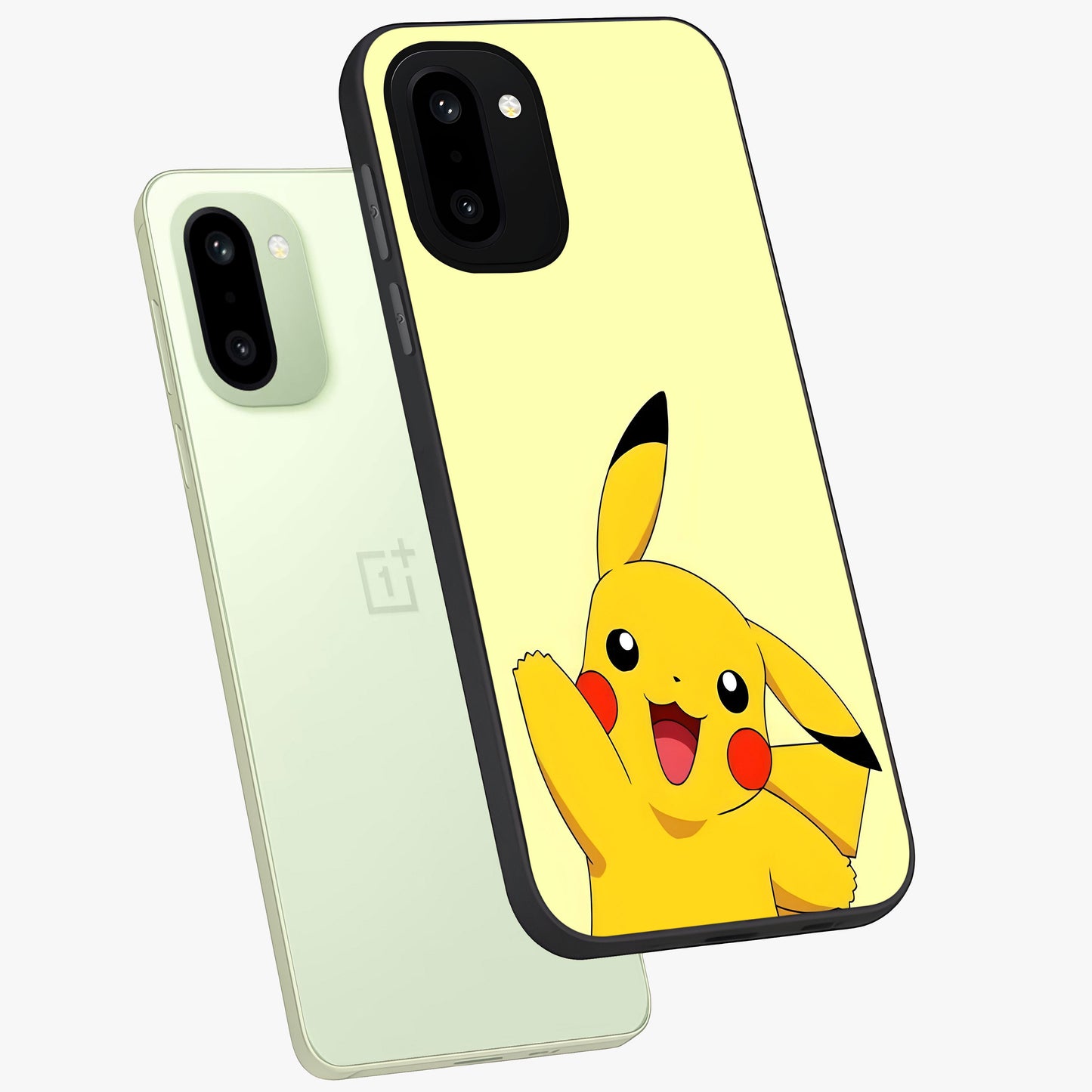 Happy Electric Pikachu Glass Case for 1+15R angled mockup showcasing glossy finish and vibrant yellow tones