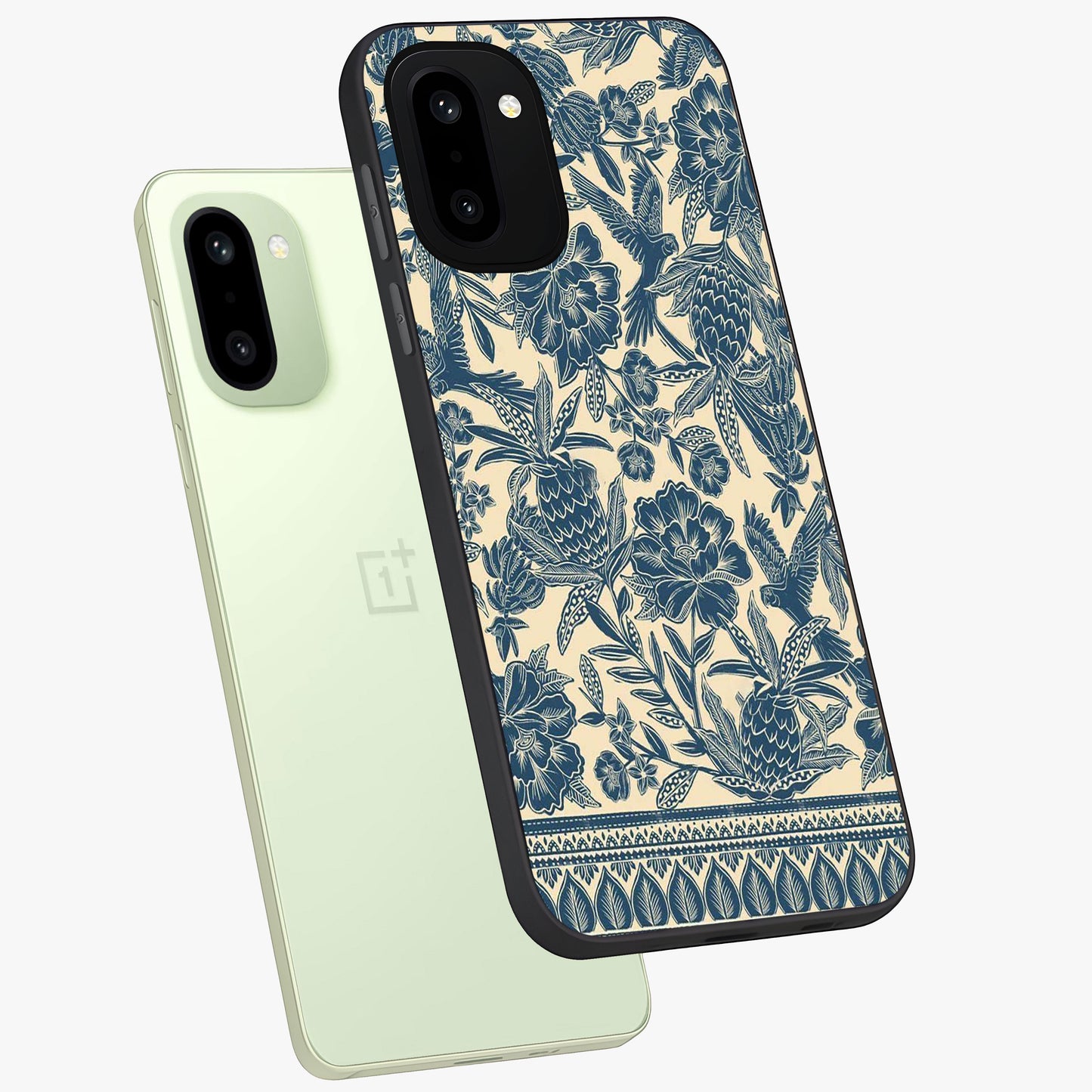 Heirloom Wild Bloom Glass Case for 1+15R angled mockup showcasing glossy finish and rich botanical textures