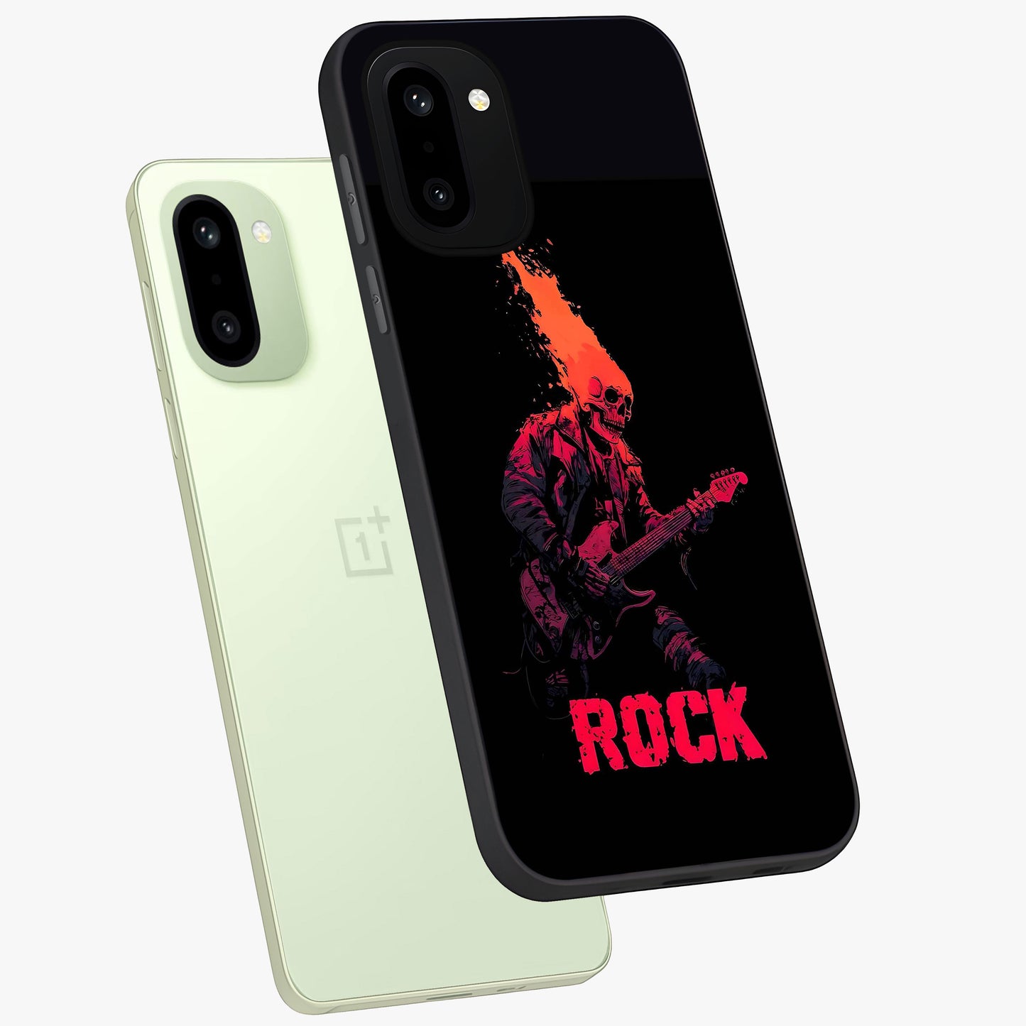 Hellfire Rock Anthem Glass Case for 1+15R captured at a warm angle highlighting bold flame tones, gloss, and edge clarity.