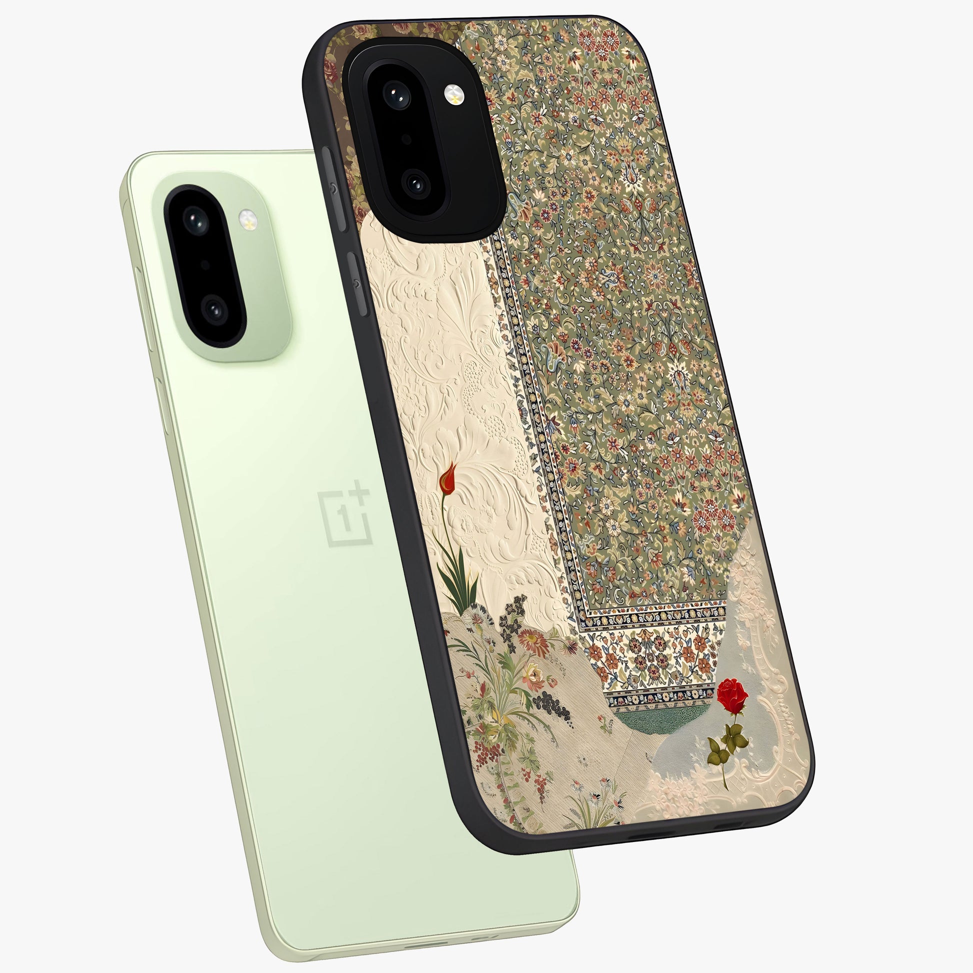 Heritage Textile Layers Glass Case for 1+15R captured at a warm angle highlighting rich fabric patterns, gloss, and edge clarity.