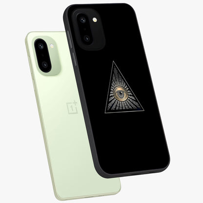 Illuminati Evil Glass Case for 1+15R captured at a warm angle highlighting sharp graphic details, gloss, and edge clarity.