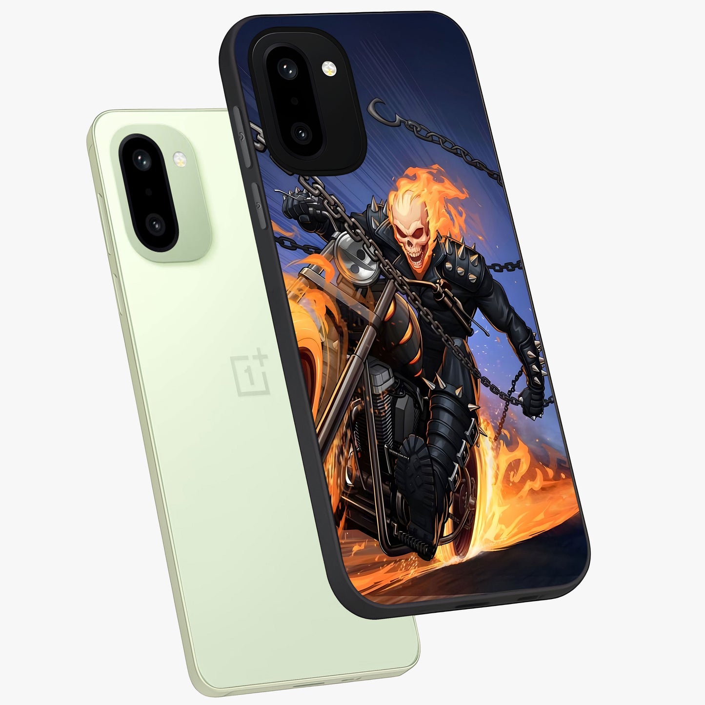 Inferno Chain Rider Glass Case for 1+15R captured at a warm angle highlighting intense flame details, gloss, and edge clarity.
