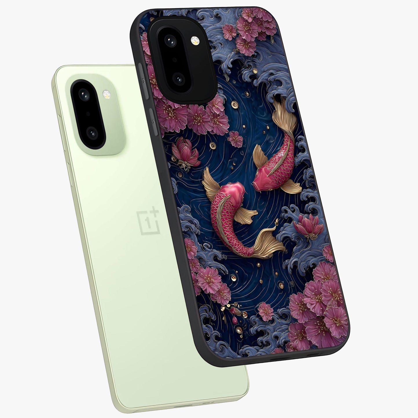 Koi Wave Dance Glass Case for 1+15R angled mockup showcasing glossy finish and vibrant aquatic tones