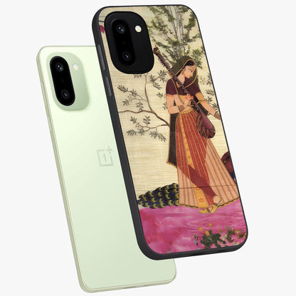 Lady With Veena Art Glass Case for 1+15R angled mockup showcasing glossy finish and refined artistic detailing