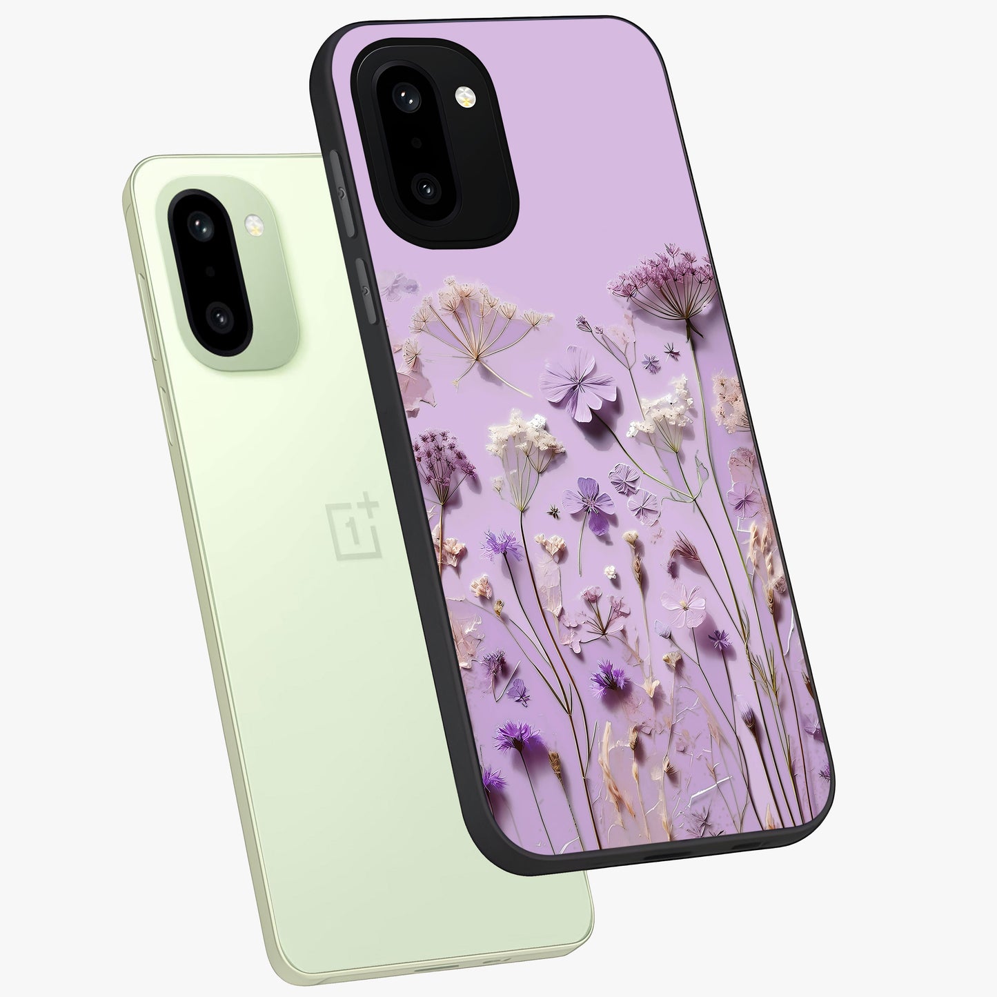 Lavender Blossom Dream Glass Case for 1+15R angled mockup showcasing glossy finish and pastel purple tones