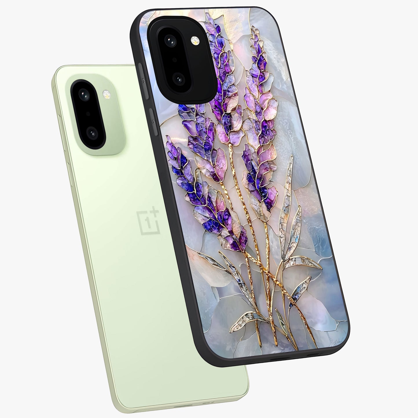 Lavender Dream Glow Glass Case for 1+15R angled mockup showcasing glossy finish and luminous purple gradients