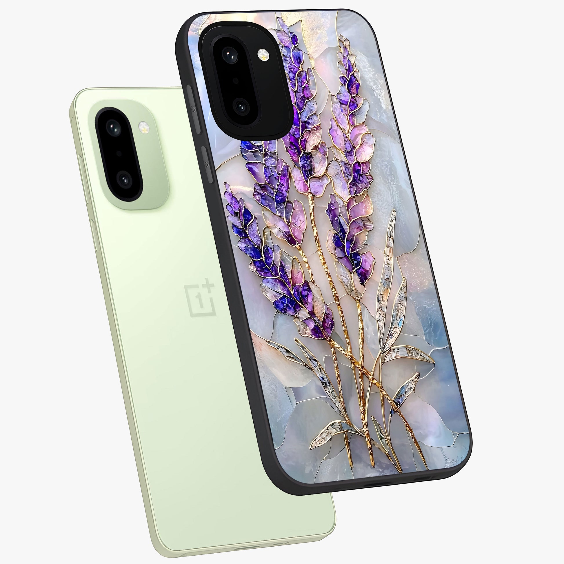 Lavender Dream Glow Glass Case for 1+15R angled mockup showcasing glossy finish and luminous purple gradients