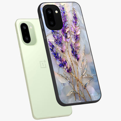 Lavender Dream Glow Glass Case for 1+15R angled mockup showcasing glossy finish and luminous purple gradients