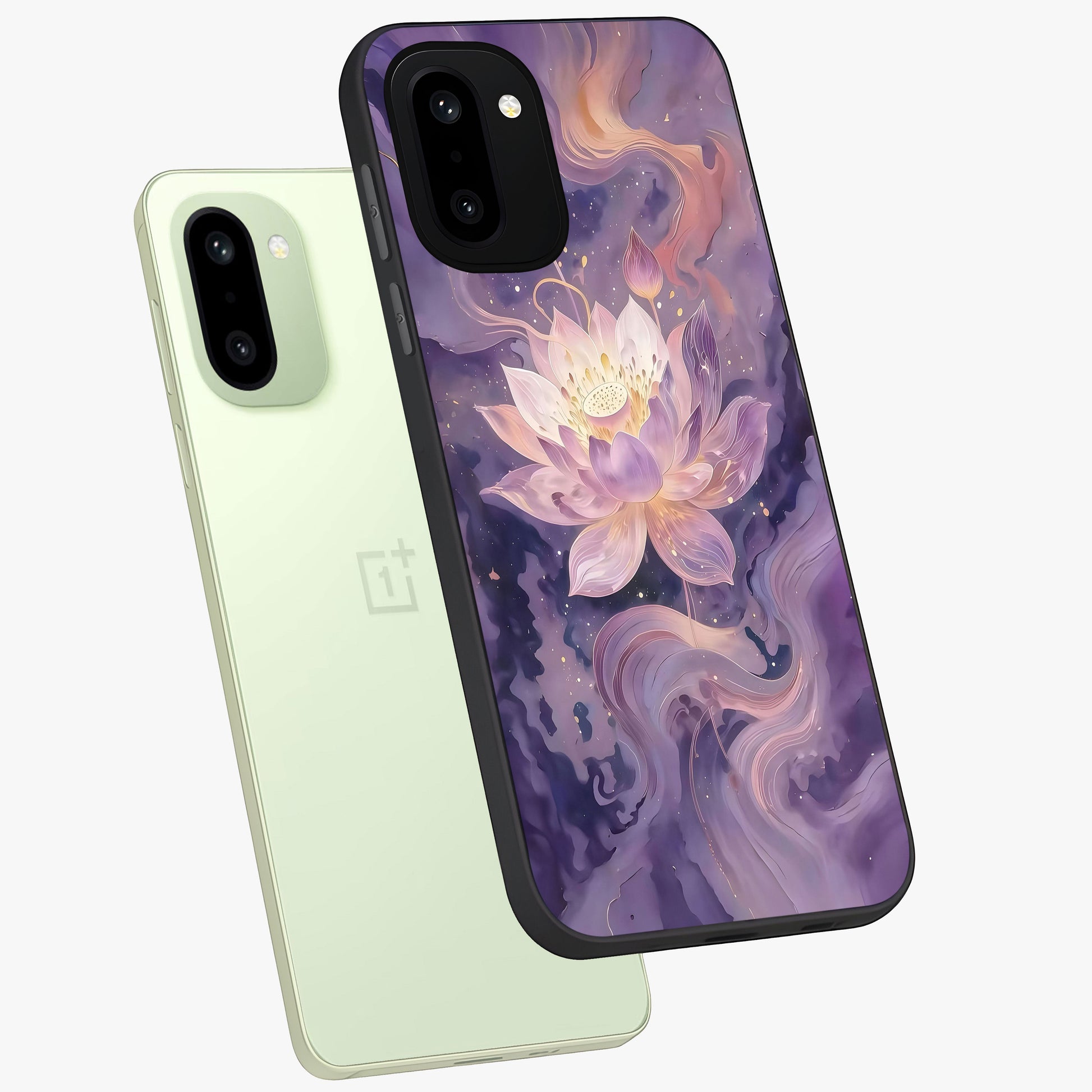 Lavender Lotus Muse Glass Case for 1+15R angled mockup showcasing glossy finish and refined floral detailing