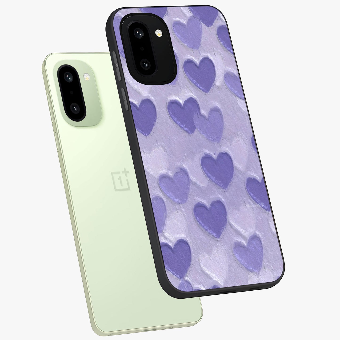 Lavender Paper Hearts Glass Case for 1+15R angled mockup showcasing glossy finish and playful pastel detailing