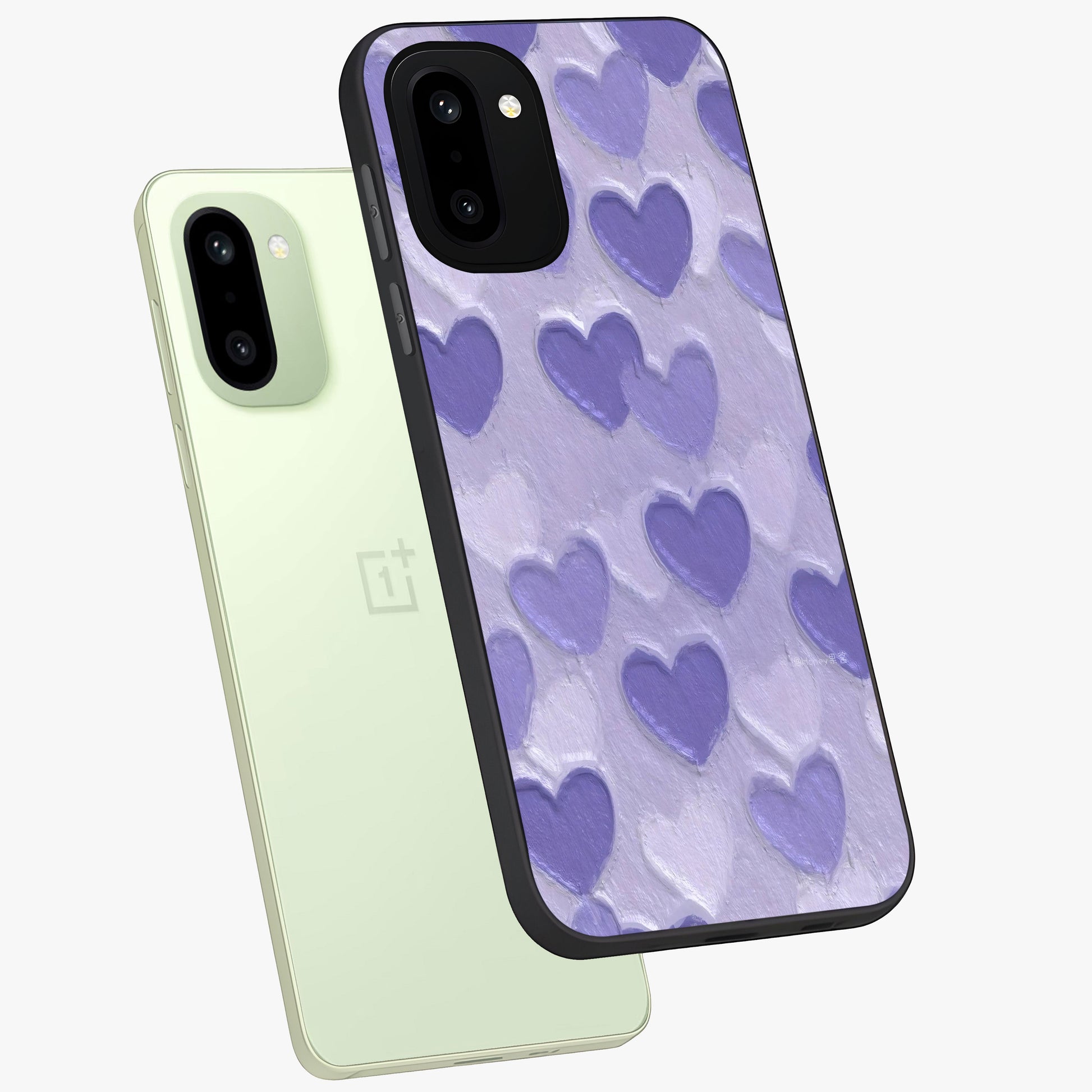 Lavender Paper Hearts Glass Case for 1+15R angled mockup showcasing glossy finish and playful pastel detailing