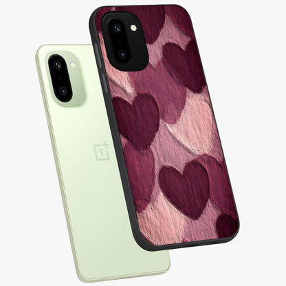 Layered Paper Hearts Glass Case for 1+15R angled mockup showcasing glossy finish and soft romantic tones