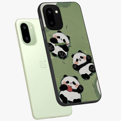 Lazy Panda Picnic Glass Case for 1+15R angled mockup showcasing glossy finish and vibrant cartoon detailing
