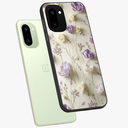 Lilac Breeze Harmony Glass Case for 1+15R angled mockup showcasing glossy finish and pastel purple tones