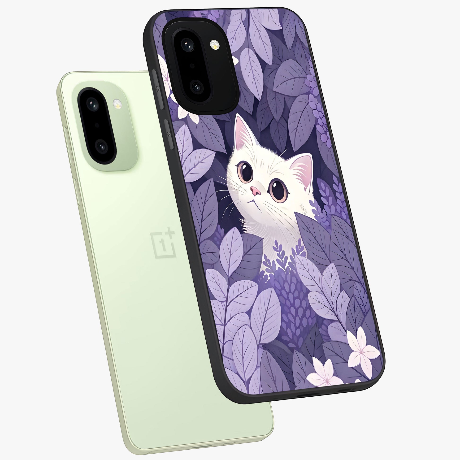 Lilac Hide Peek Cat Glass Case for 1+15R angled mockup showcasing glossy finish and cute character detailing