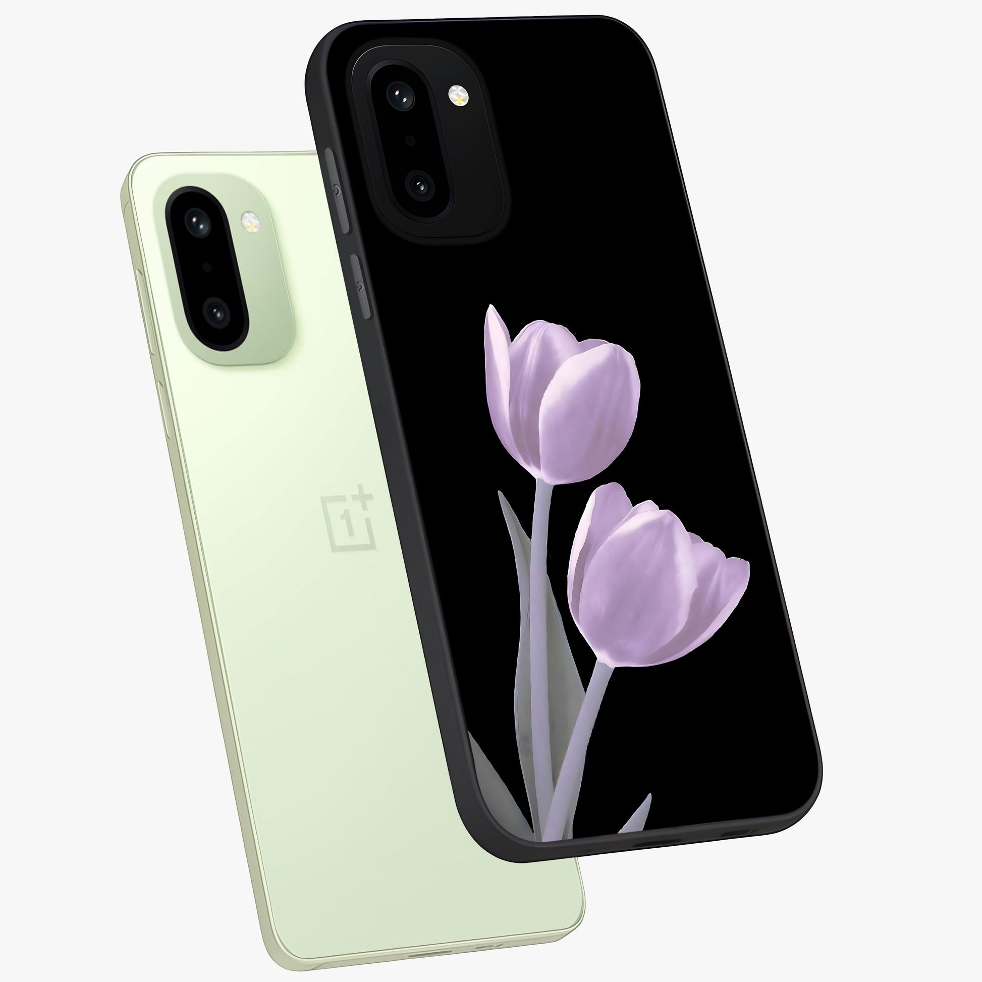 Lilac Tulip Flowers Glass Case for 1+15R angled mockup showcasing glossy finish and delicate bloom detailing