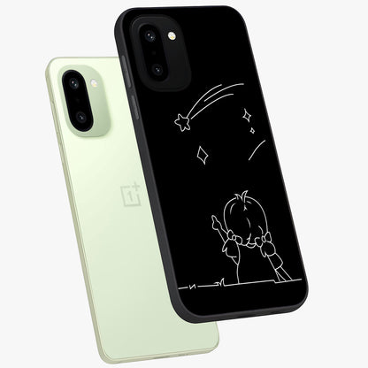 Line Art Girl With Shooting Stars Glass Case for 1+15R angled mockup showcasing glossy finish and refined artistic detailing