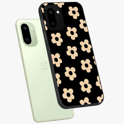 Little Daisy Flower Retro Pattern Glass Case for 1+15R angled mockup showcasing glossy finish and vintage bloom tones