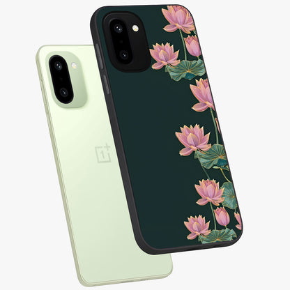 Lotus Bloom Serenity Glass Case for 1+15R angled mockup showcasing glossy glass finish and calming tones
