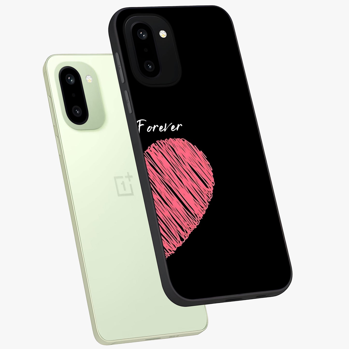 Love Forever Together Right Glass Case for 1+15R angled mockup showcasing glossy finish and warm aesthetic tones