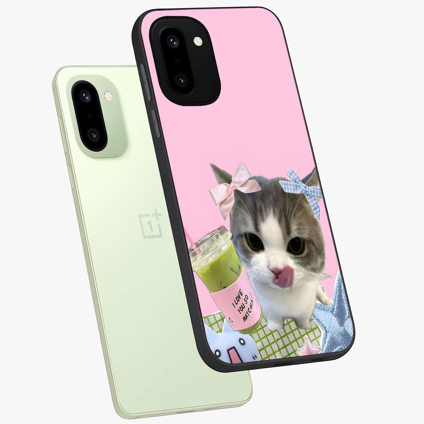 Love Matcha Cat Glass Case for 1+15R angled mockup showcasing glossy finish and playful pastel tones