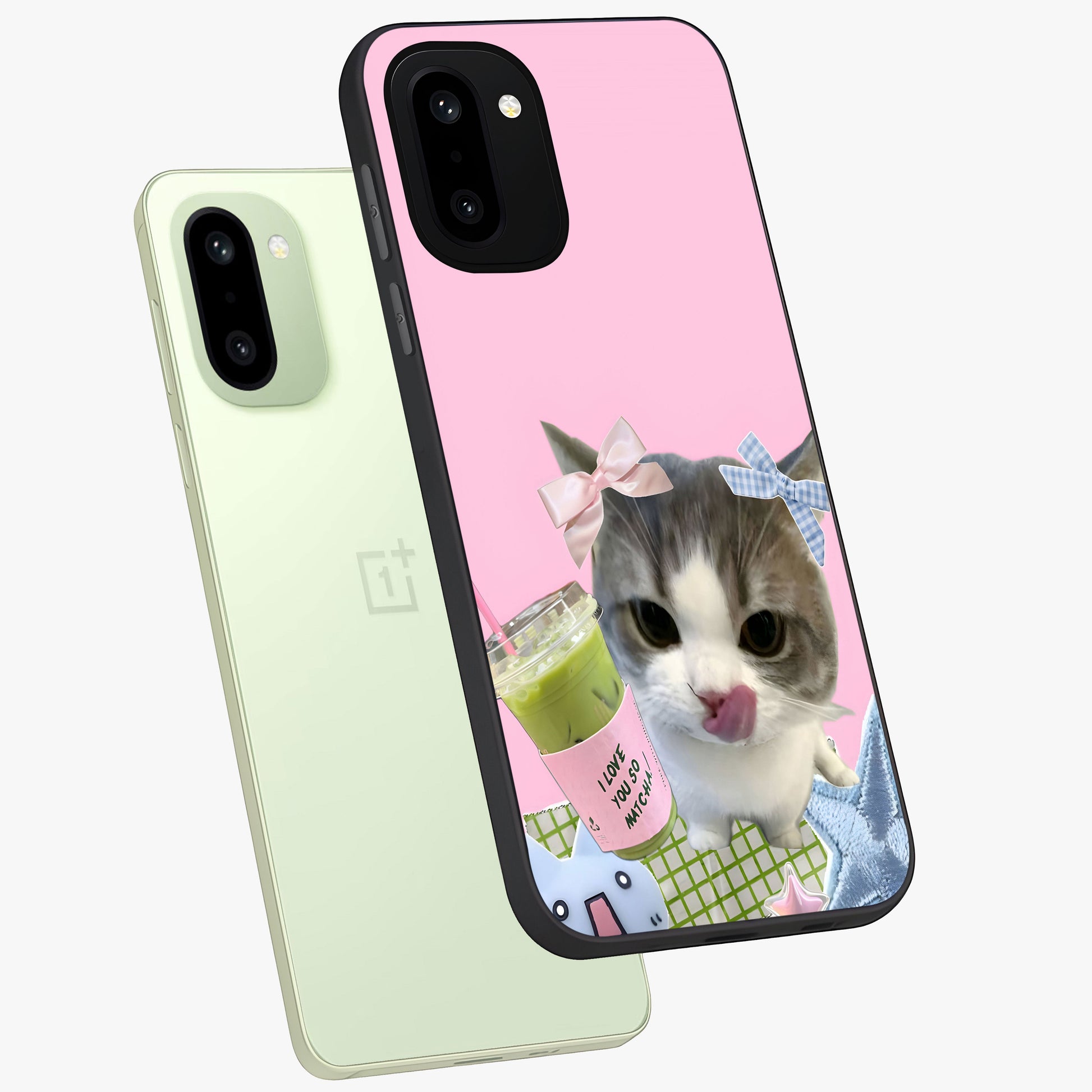 Love Matcha Cat Glass Case for 1+15R angled mockup showcasing glossy finish and playful pastel tones