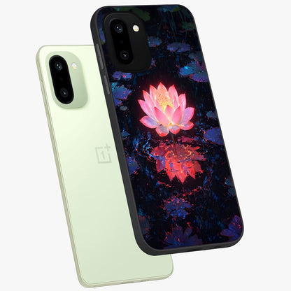 Luminous Lotus Glow Glass Case for 1+15R angled mockup showcasing glossy finish and warm luminous tones