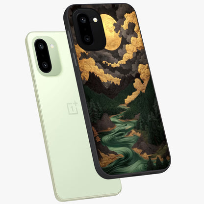 Lunar Silk Garden Glass Case for 1+15R angled mockup showcasing glossy glass finish and silky gradient textures