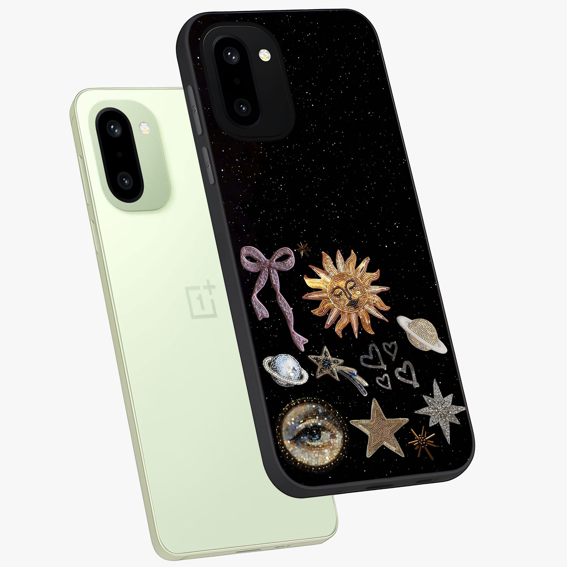 Magical Jewelry Vibe Glass Case for 1+15R angled mockup showcasing glossy finish and sparkling detailing