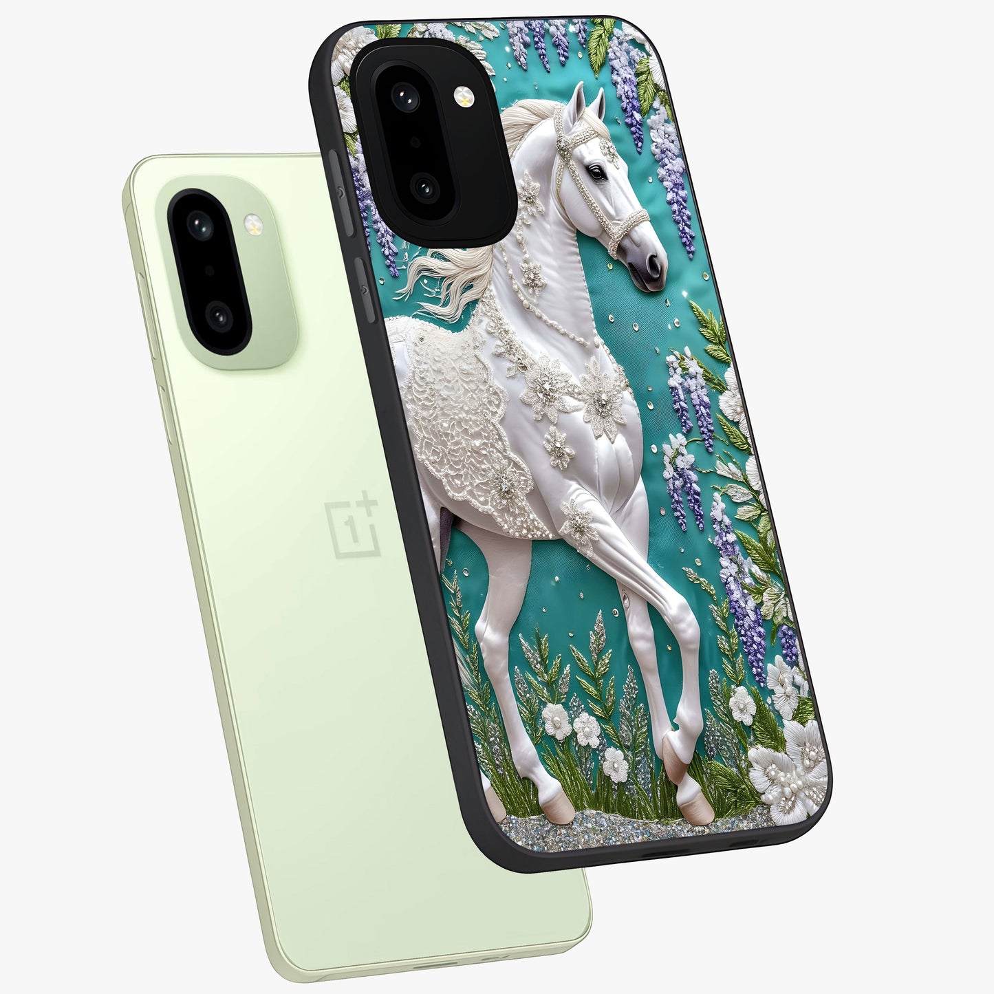 Majestic Floral Stallion Glass Case for 1+15R angled mockup showcasing glossy finish and vibrant artistic tones