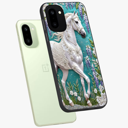 Majestic Floral Stallion Glass Case for 1+15R angled mockup showcasing glossy finish and vibrant artistic tones