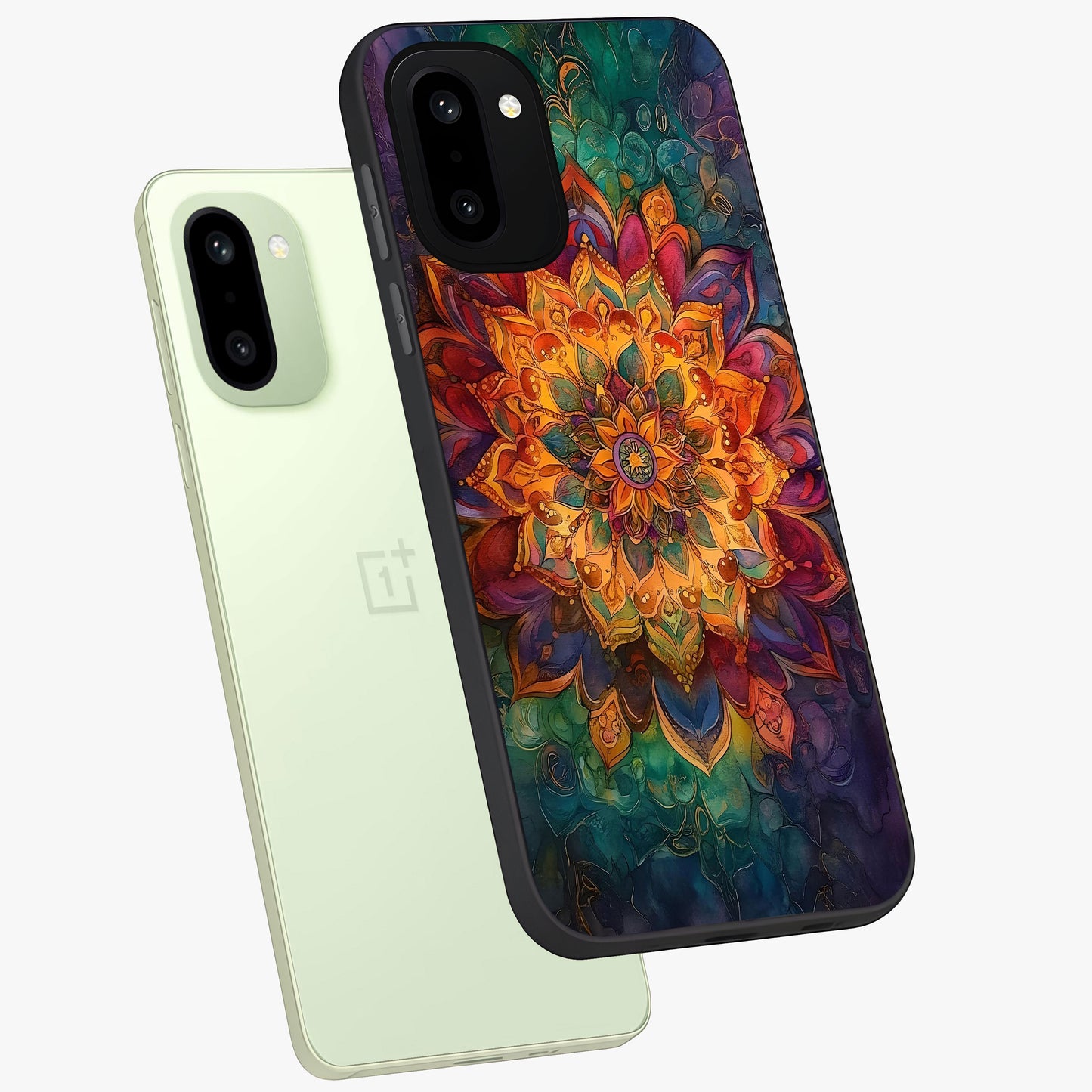 Mandala Vibrants Glass Case for 1+15R angled mockup showcasing glossy finish and intricate geometric detailing