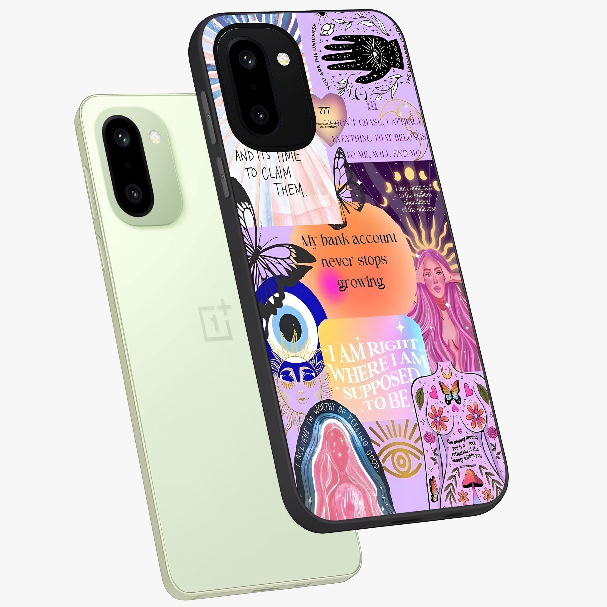 Manifestation Collage Glass Case for 1+15R angled mockup showcasing glossy finish and layered artistic textures