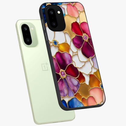 Marble Flower Pattern Glass Case for 1+15R angled mockup showcasing glossy finish and detailed bloom accents