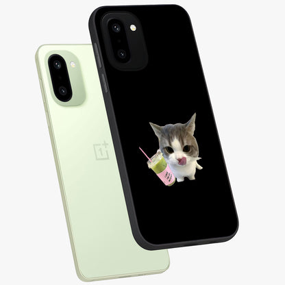 Matcha Cat Style Glass Case for 1+15R angled mockup showcasing glossy glass finish and playful pastel detailing
