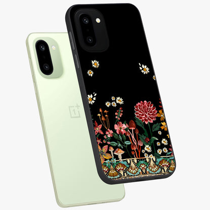 Midnight Bloom Pattern Glass Case for 1+15R angled mockup showcasing glossy finish and rich bloom detailing