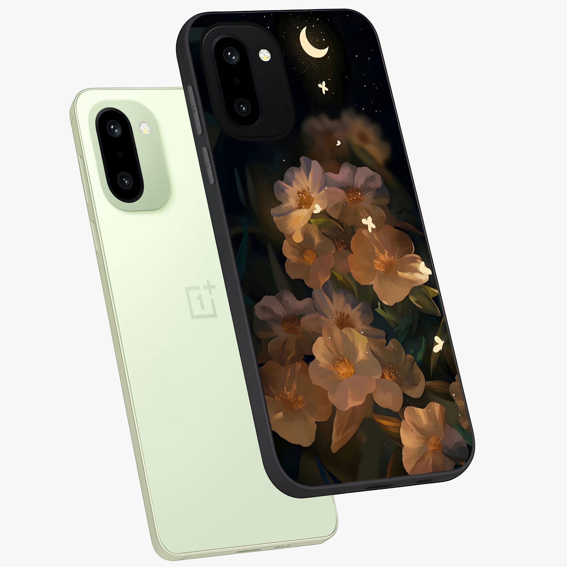 Midnight Bloom Trail Glass Case for 1+15R angled mockup showcasing glossy finish and luminous bloom accents