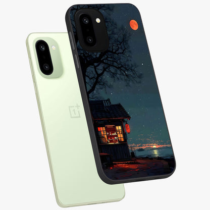 Midnight Lantern Glow Glass Case for 1+15R angled mockup showcasing glossy finish and warm luminous tones