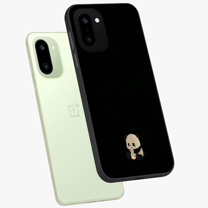Midnight Panda Love Glass Case for 1+15R angled mockup showcasing glossy finish and soft contrast tones