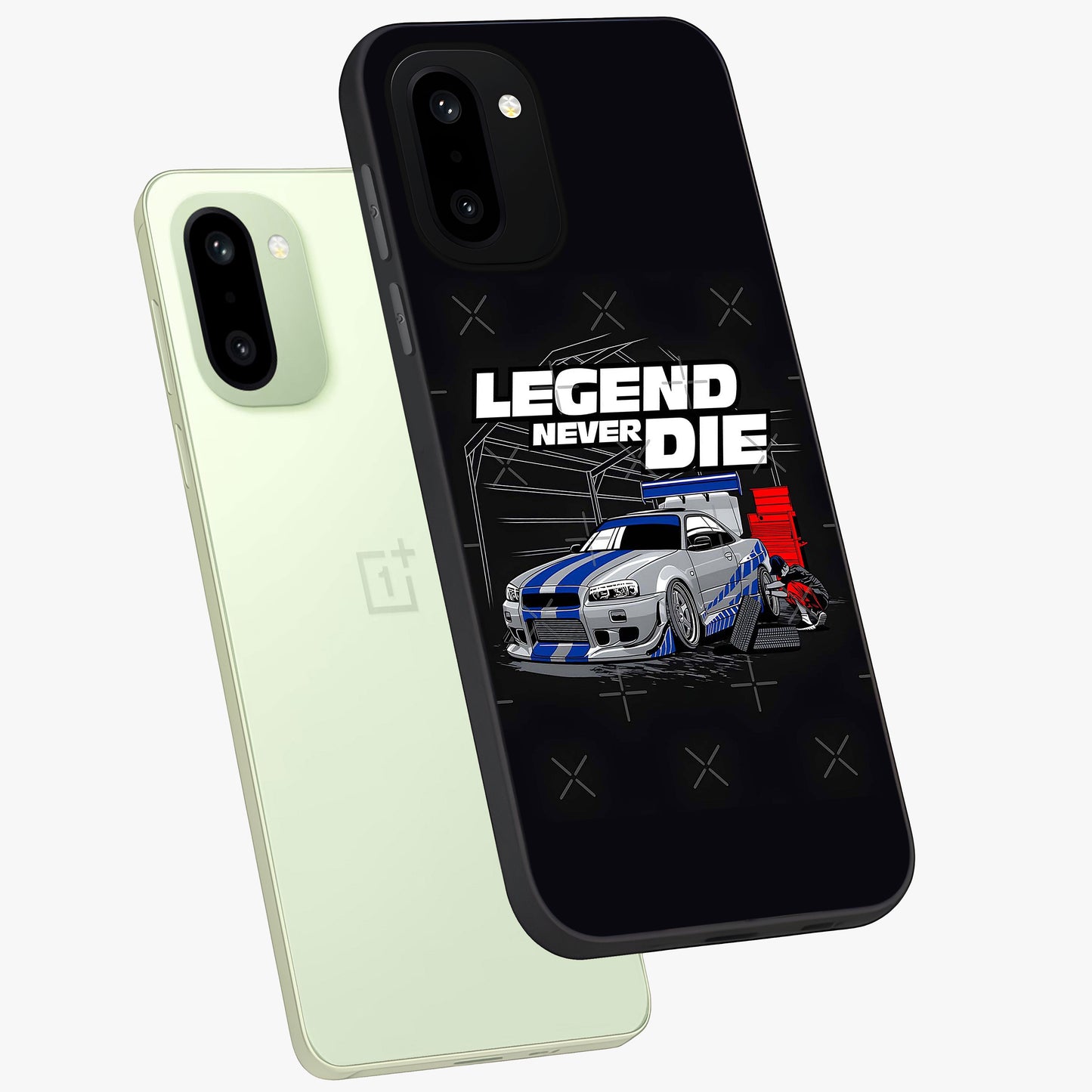 Midnight Racing Legacy Glass Case for 1+15R angled mockup showcasing glossy glass finish and dynamic motion detailing